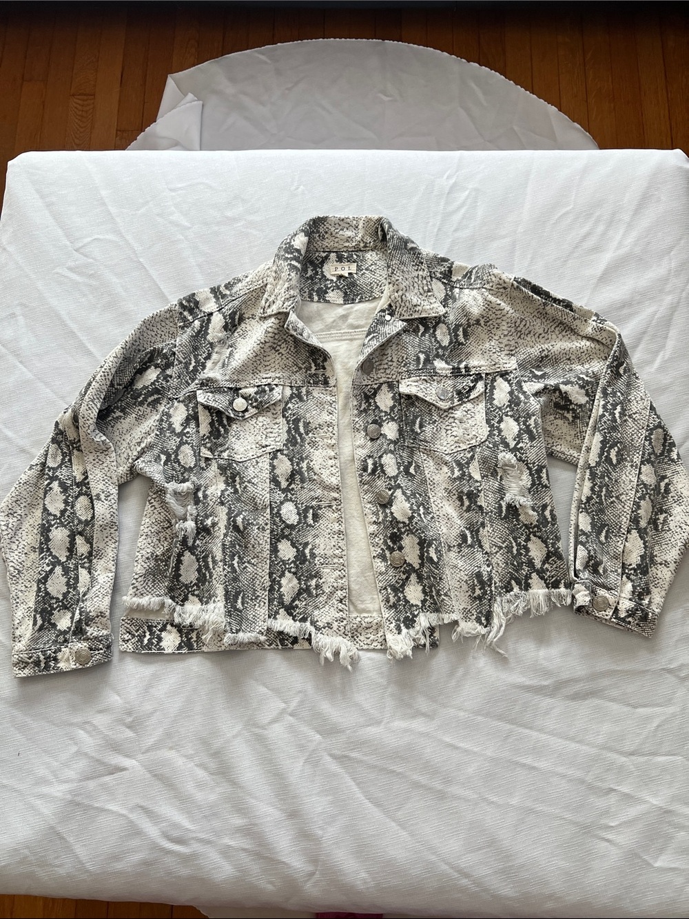 POL Snake Print Fringed Denim Jacket in Black and Cream